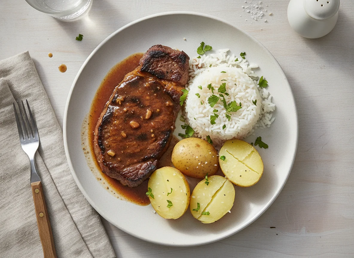Bistec con arroz y papas cocidas photo