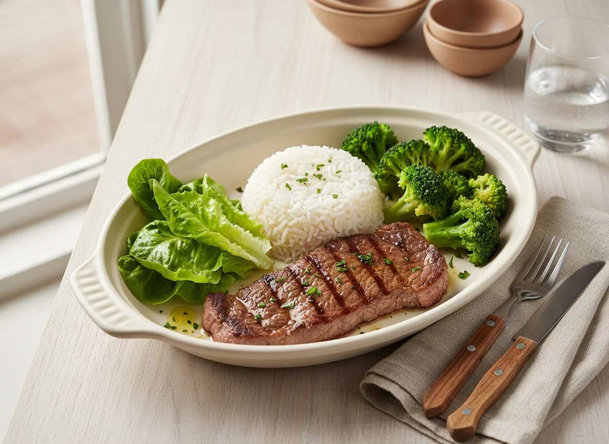 Bistec con arroz y vegetales photo