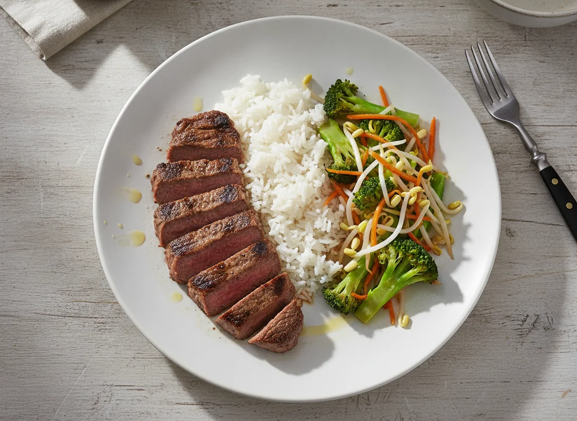 Bistec con arroz y verduras salteadas photo
