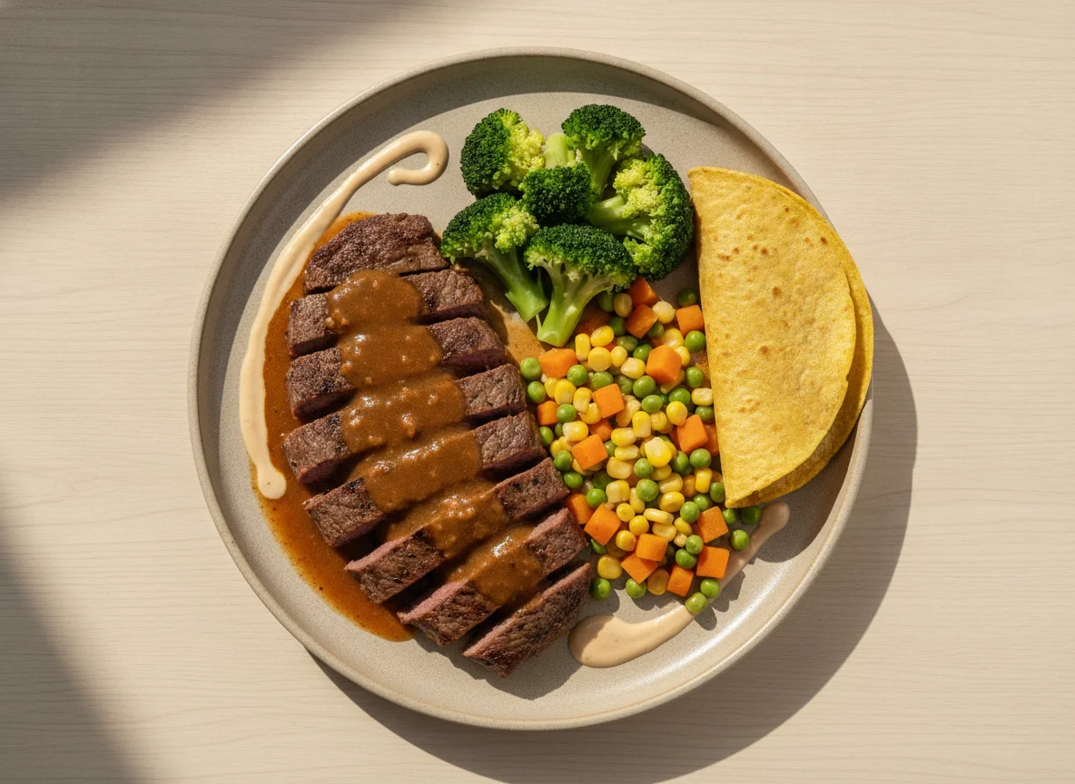 Bistec con brócoli, verduras mixtas y tortilla photo