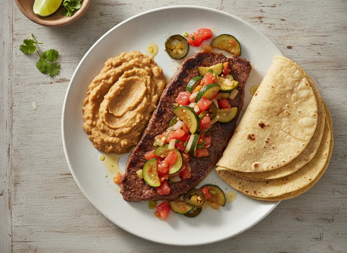 Bistec con calabacitas, frijoles refritos y tortillas photo