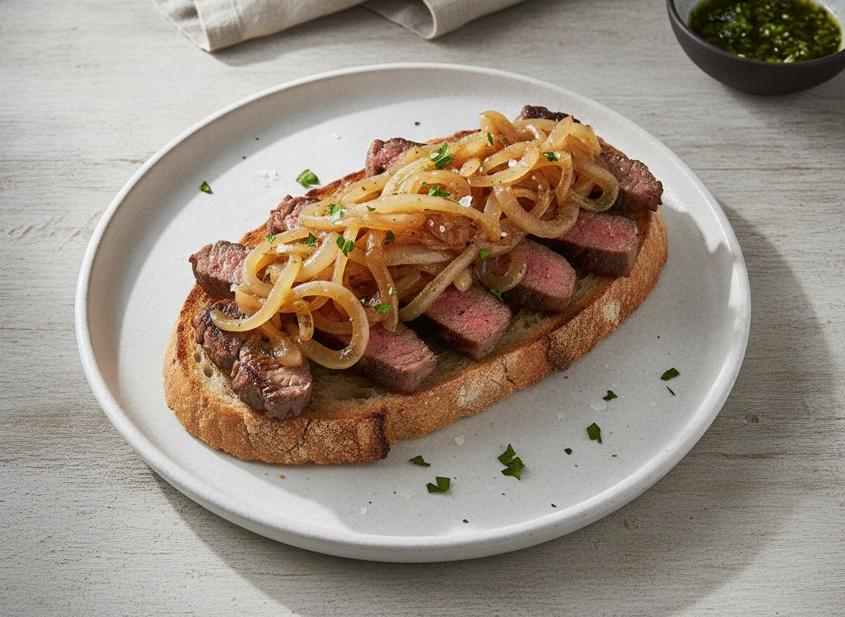 Bistec con cebolla caramelizada sobre pan photo