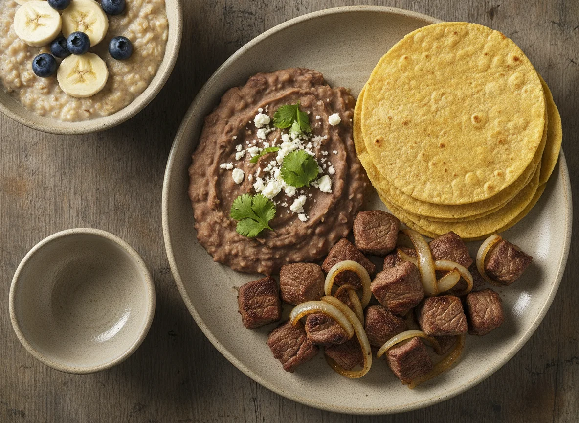 Bistec con cebolla, frijoles refritos, tortillas y avena con fruta photo