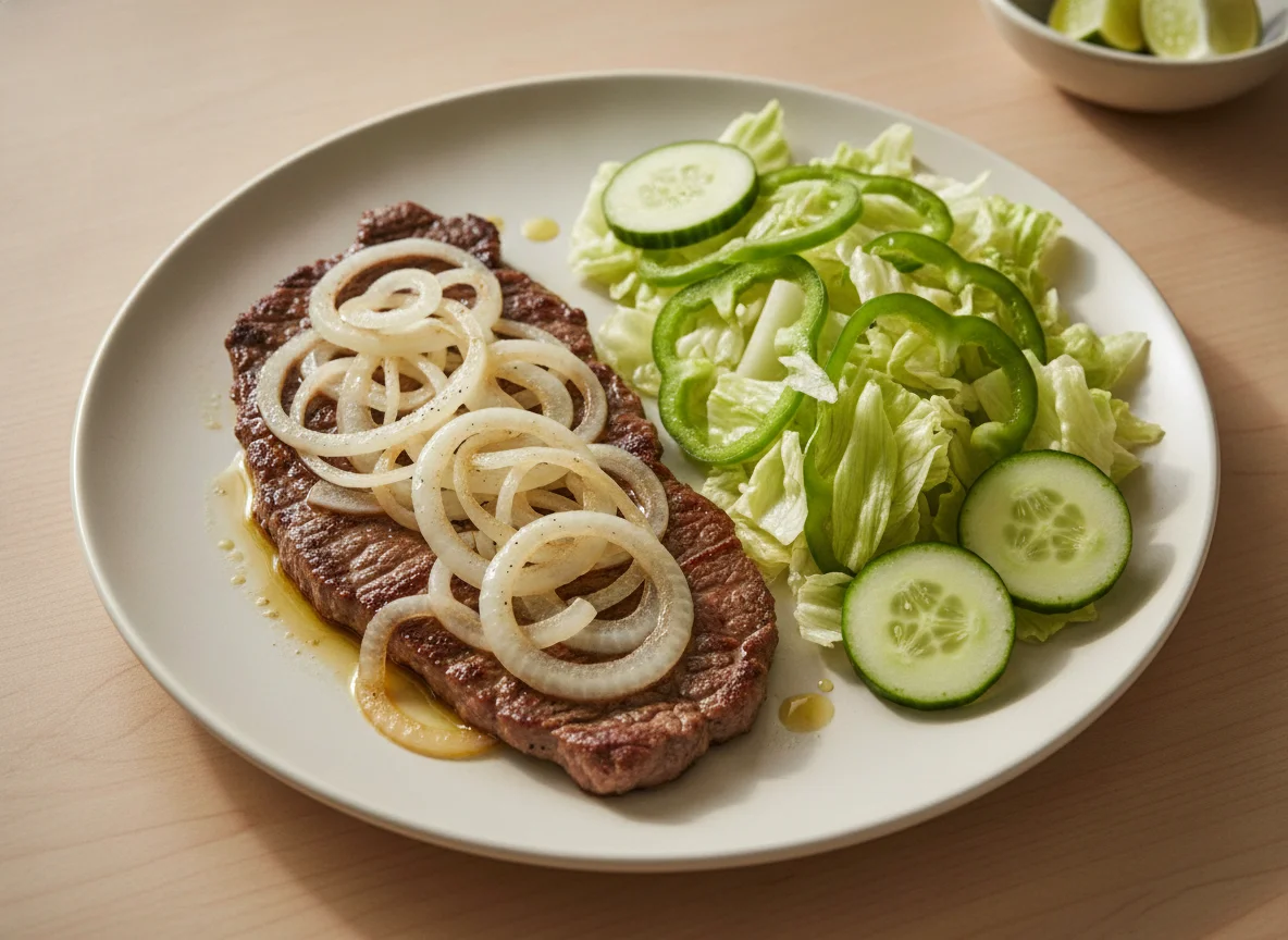 Bistec con cebolla y ensalada photo