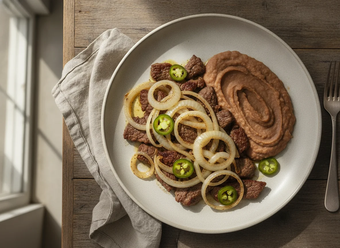 Bistec con cebolla y frijoles refritos photo