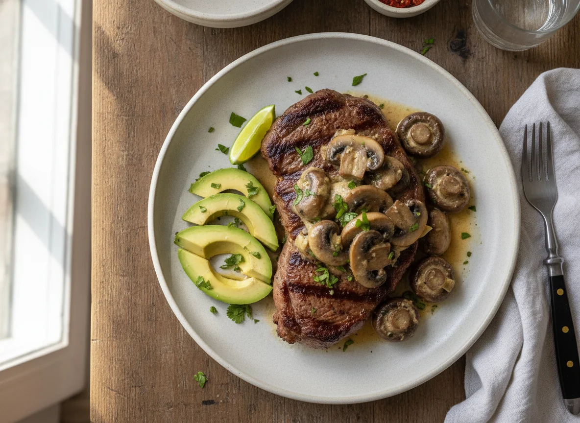 Bistec con champiñones y aguacate photo