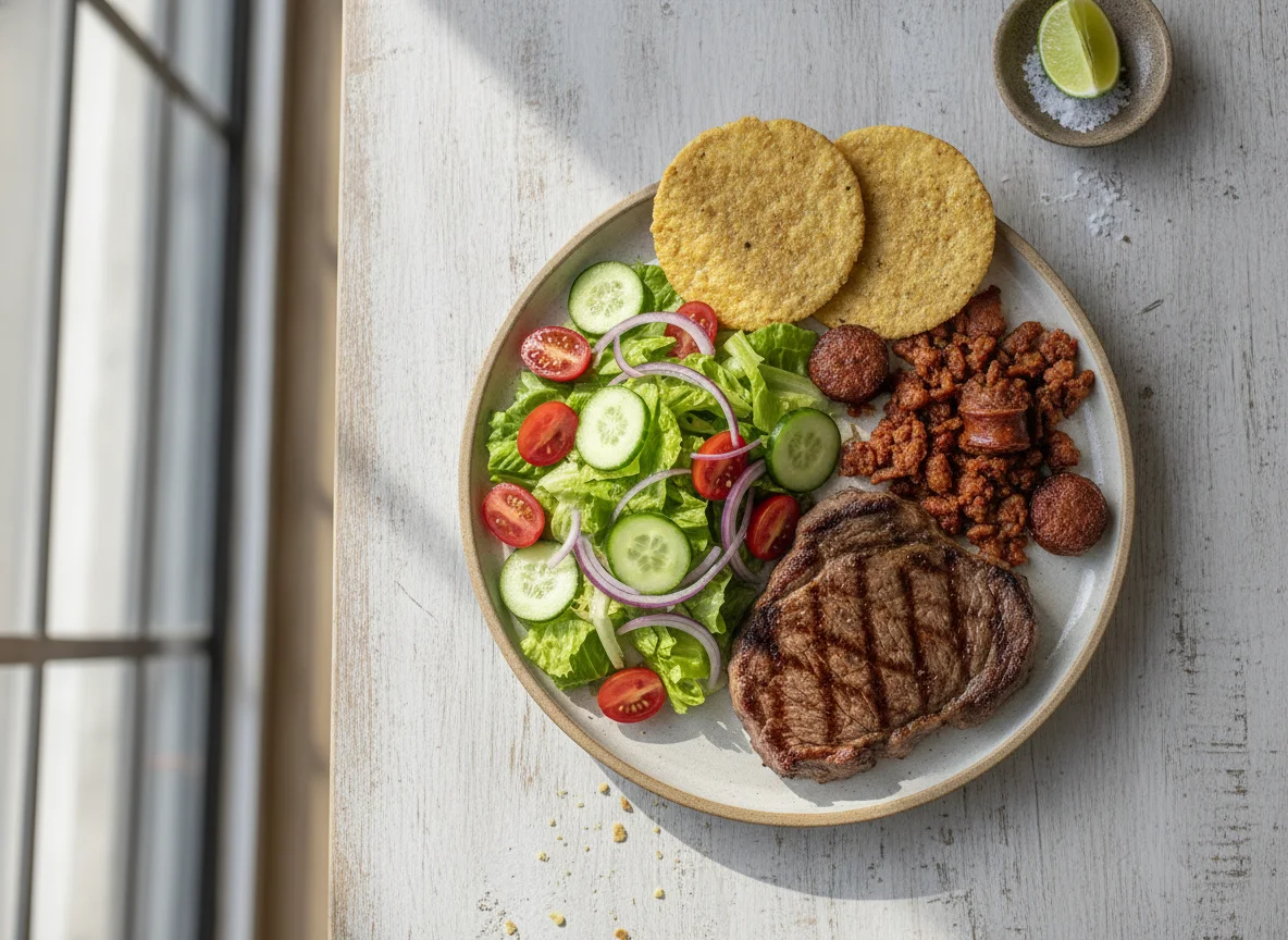 Bistec con chorizo y ensalada photo
