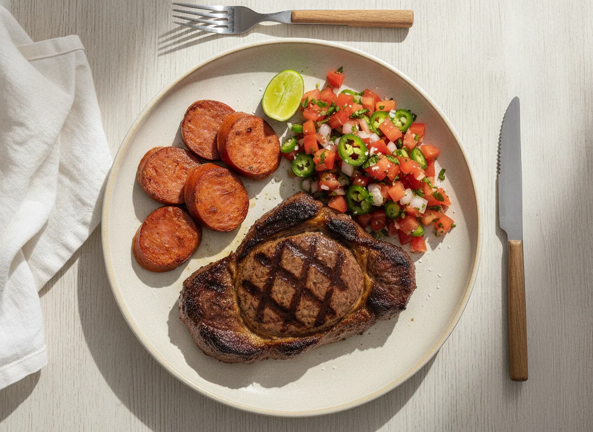 Bistec con embutido y pico de gallo photo