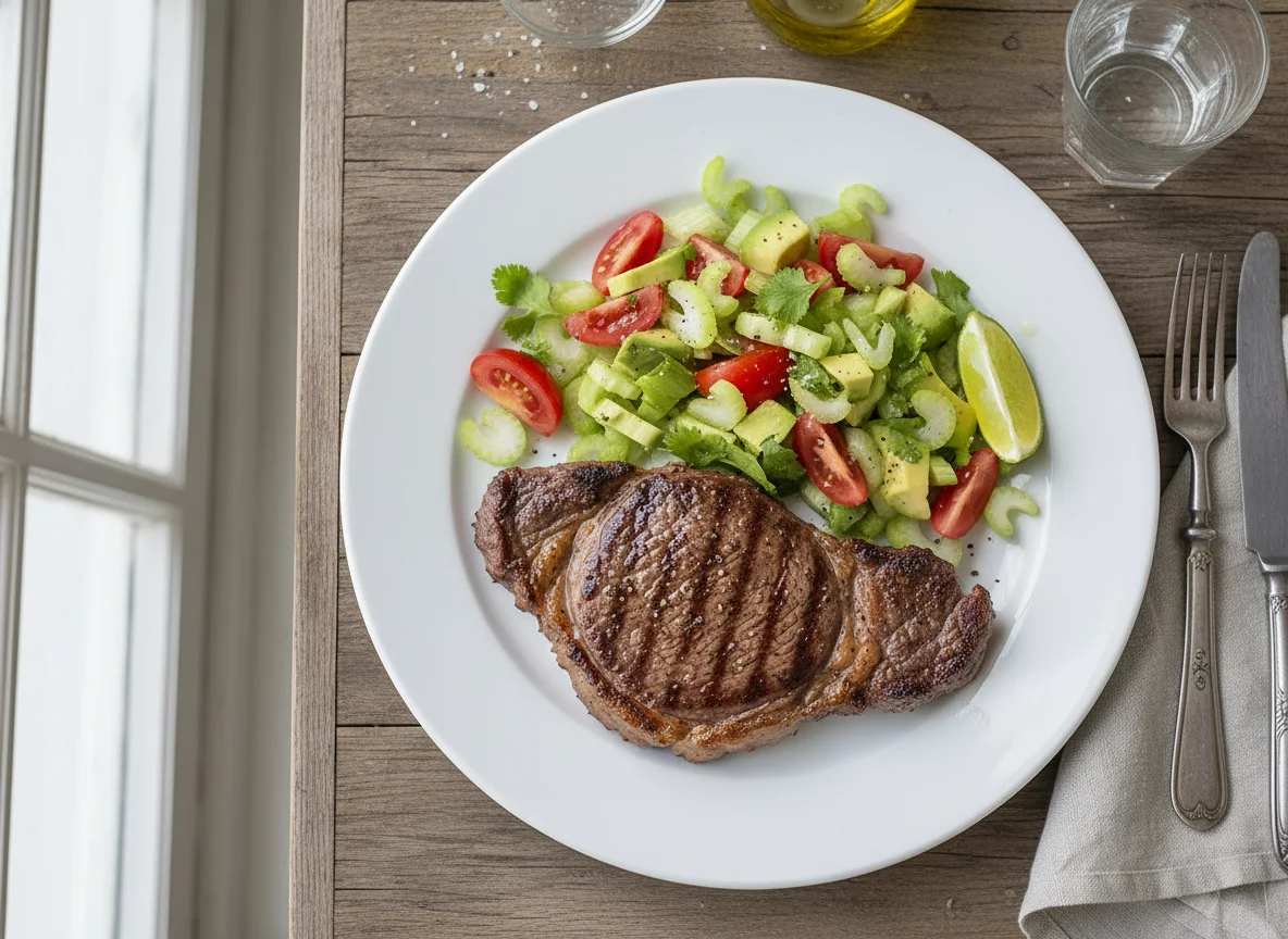 Bistec con ensalada de apio, tomate y palta photo