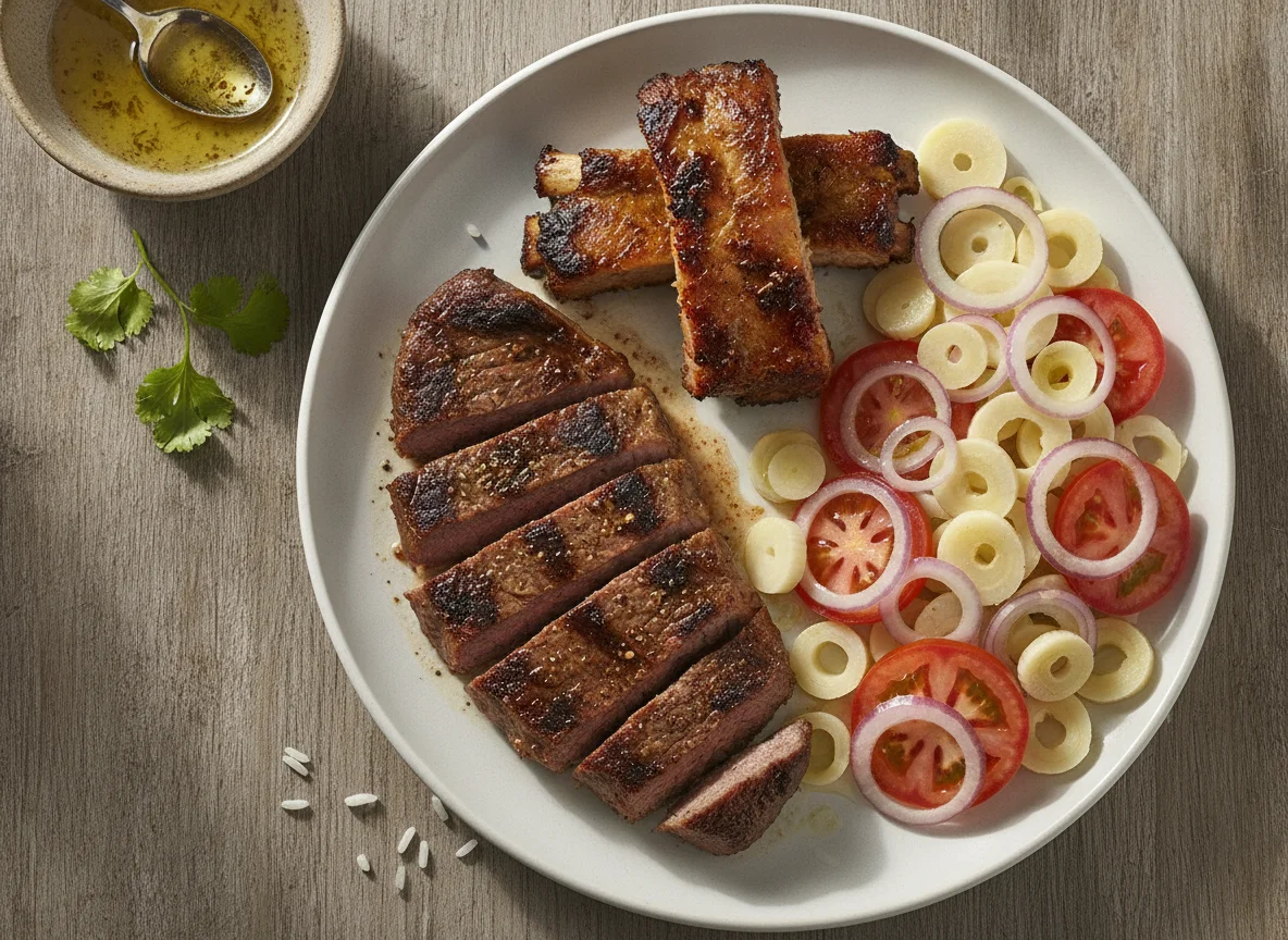 Bistec con ensalada de palmitos y costilla photo