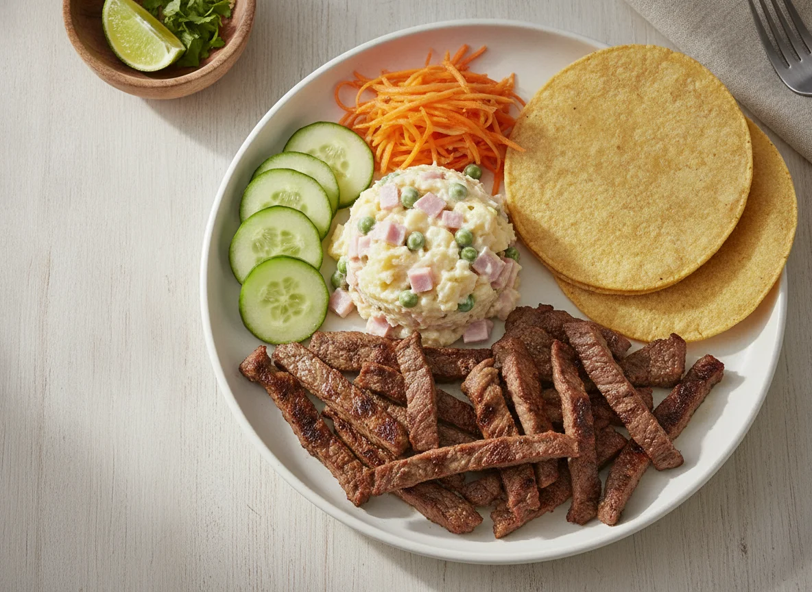 Bistec con ensalada de papa, zanahoria y pepino photo
