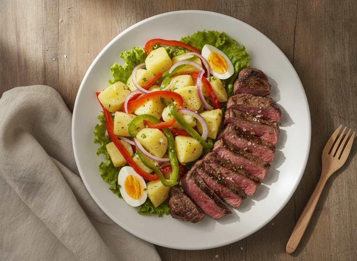 Bistec con ensalada de papas y pimentones photo