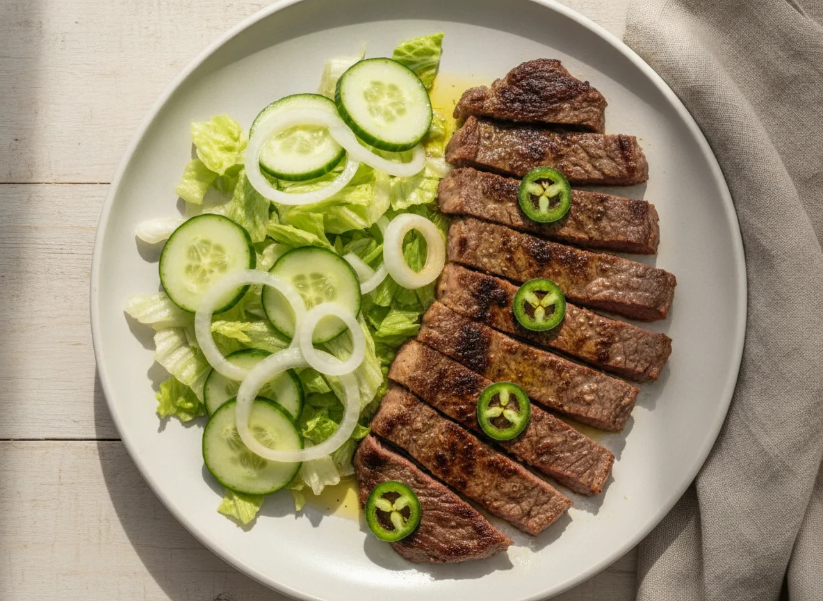 Bistec con ensalada de pepino y lechuga photo