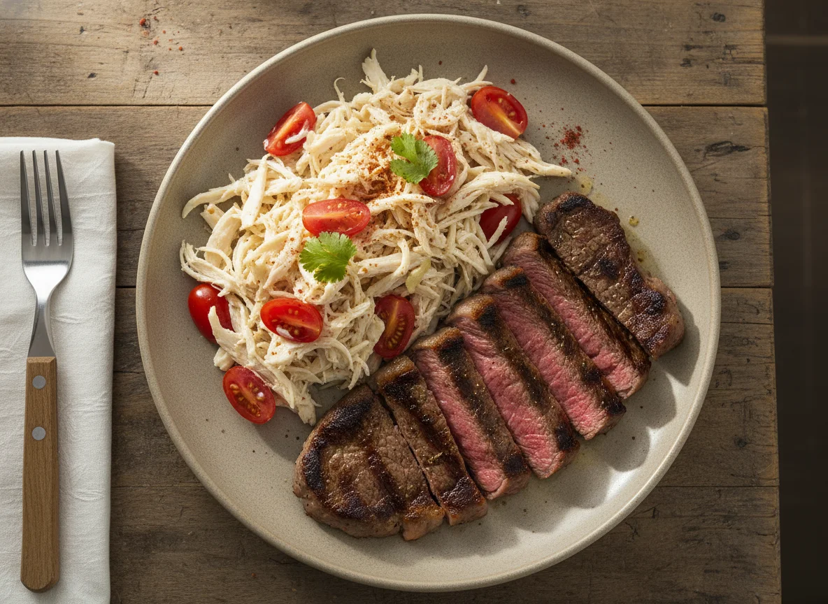 Bistec con ensalada de pollo y tomate photo