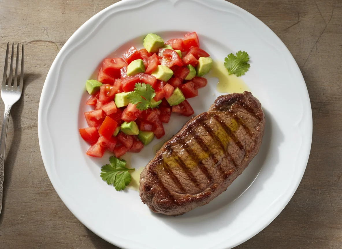 Bistec con ensalada de tomate y palta photo