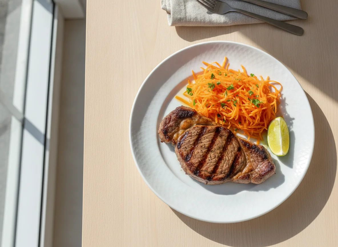 Bistec con ensalada de zanahoria rallada photo