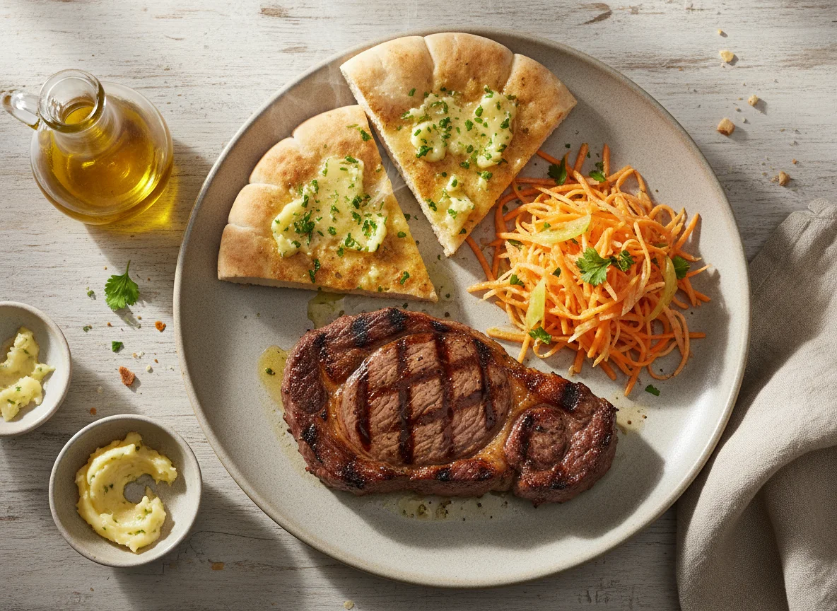 Bistec con ensalada de zanahoria y pan con ajo photo