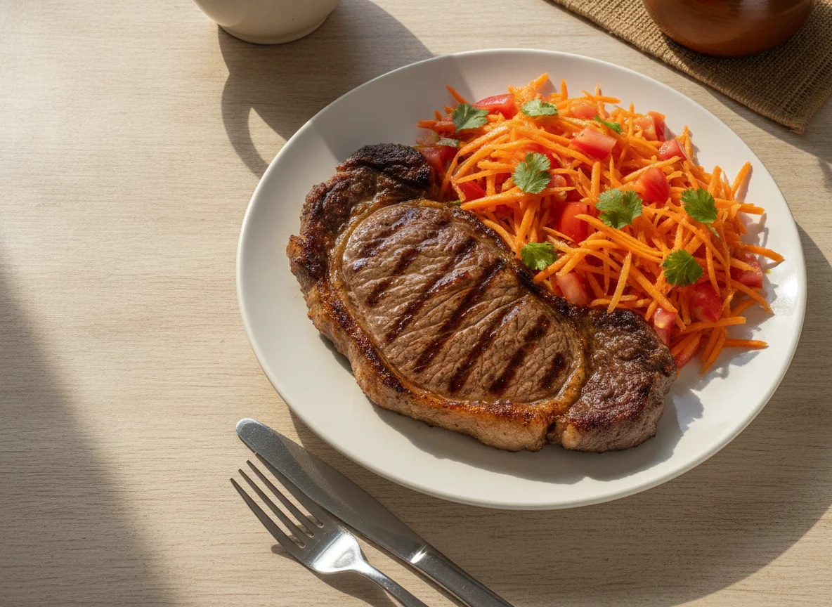 Bistec con ensalada de zanahoria y tomate photo
