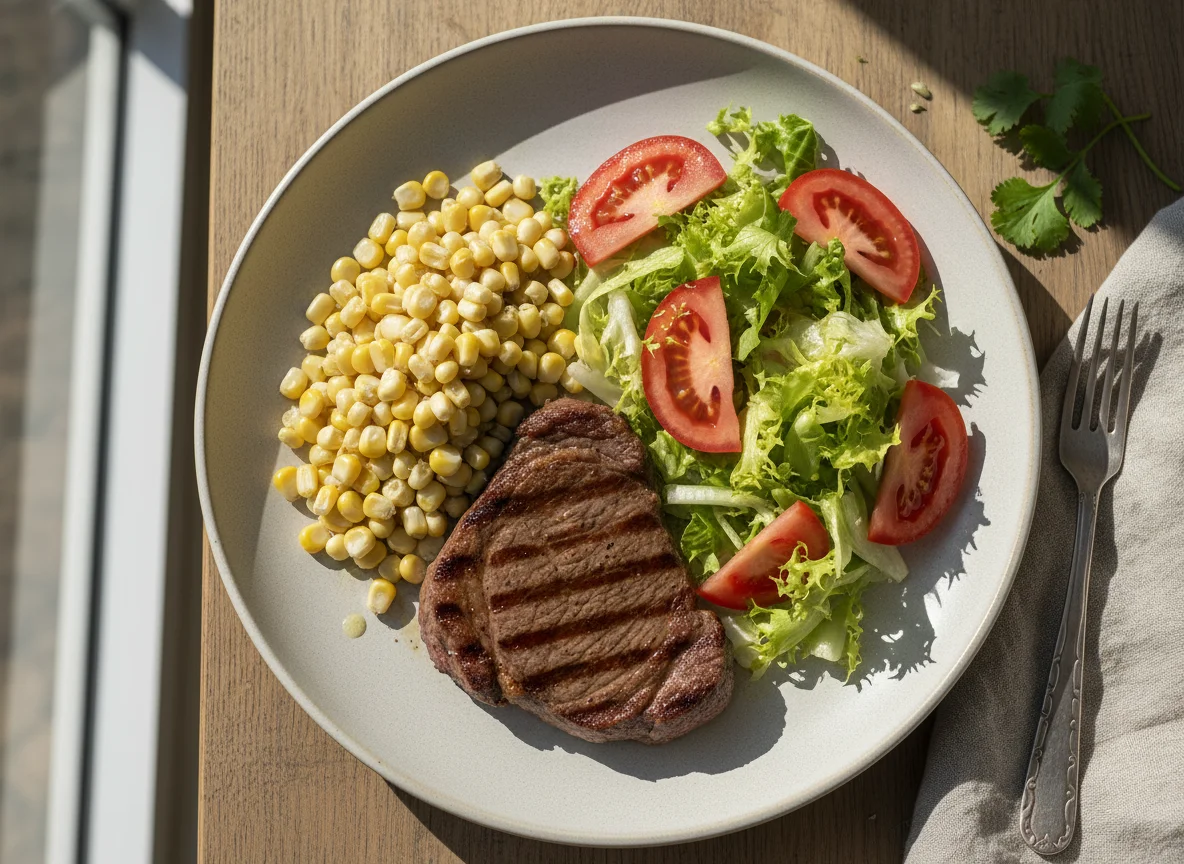 Bistec con ensalada mixta y choclo photo