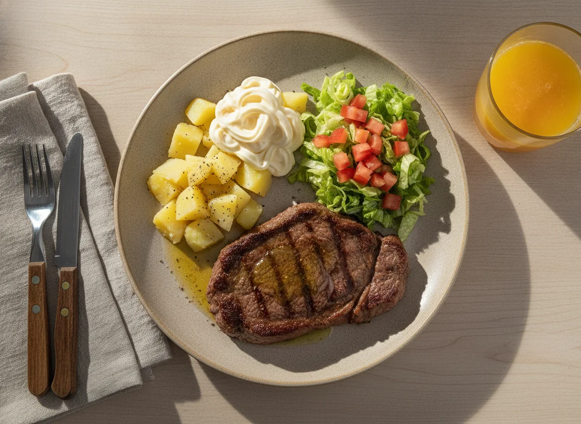 Bistec con ensalada mixta y jugo de naranja photo