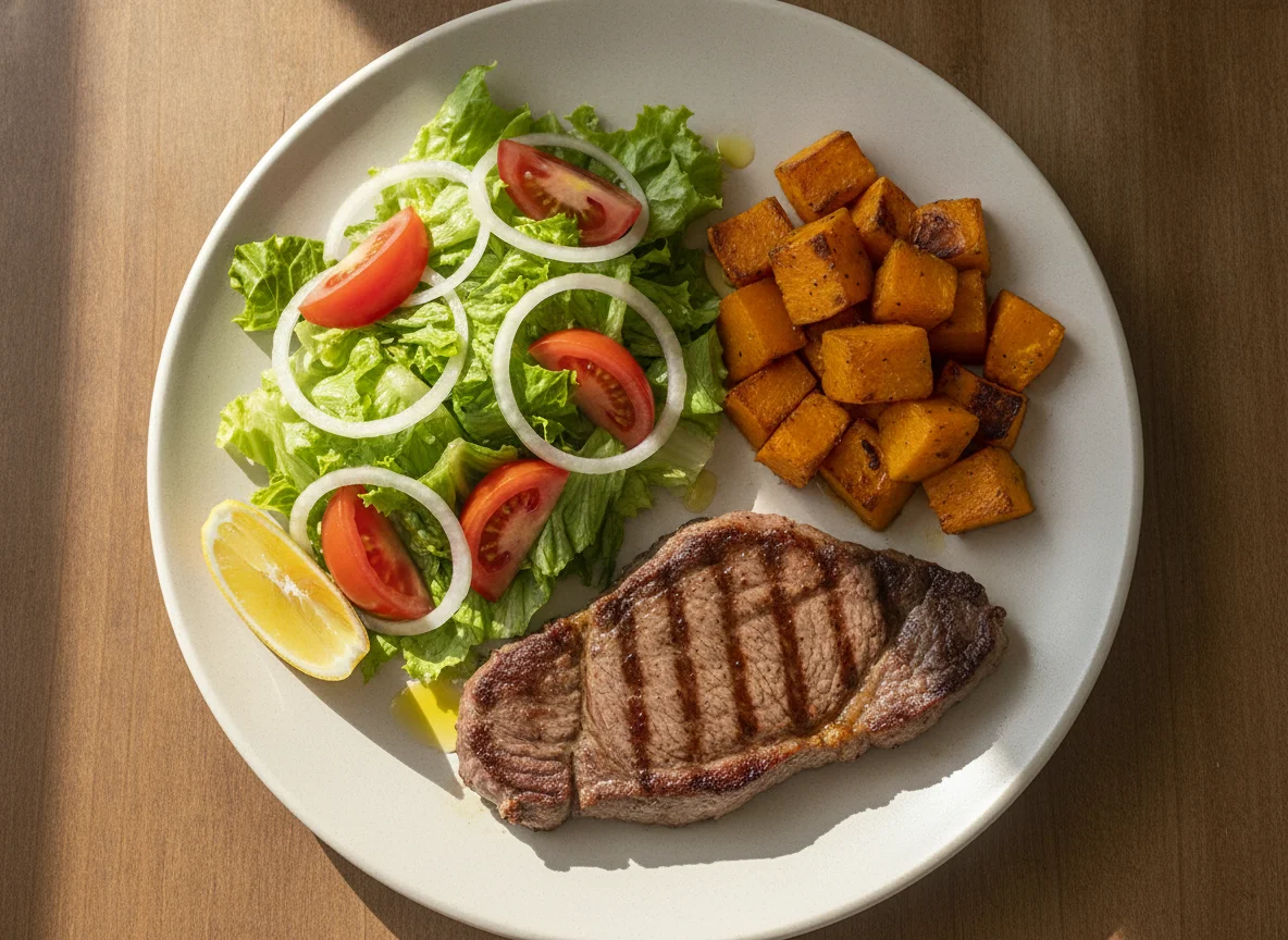 Bistec con ensalada mixta y zapallo photo