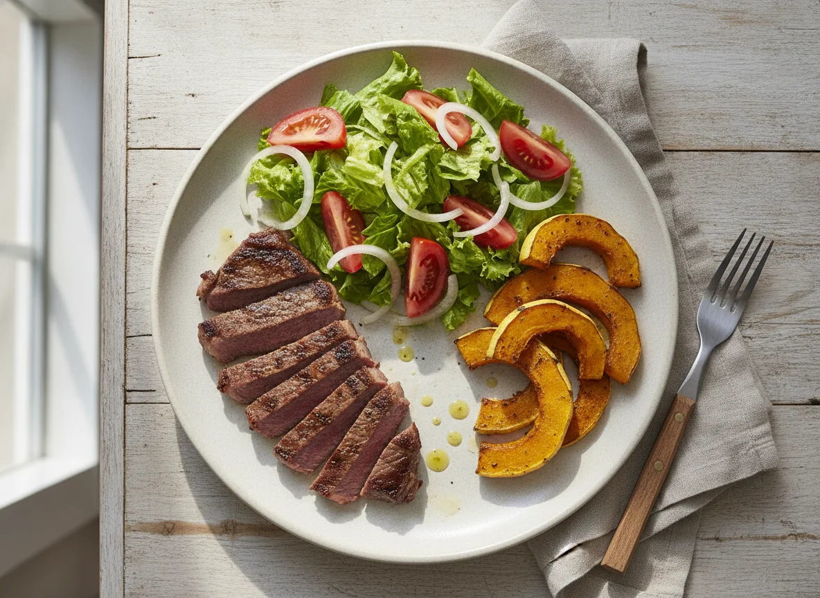 Bistec con ensalada mixta y zapallo asado photo