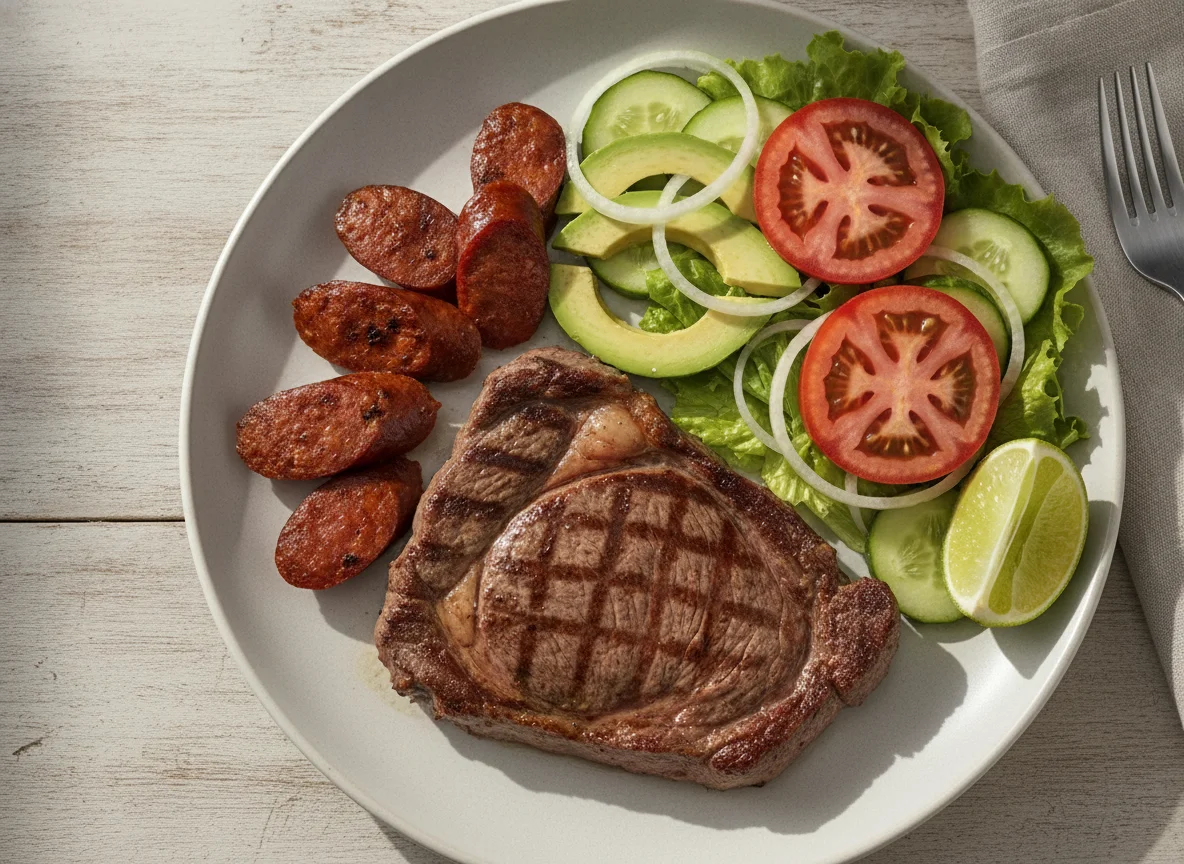 Bistec con ensalada y chorizo photo