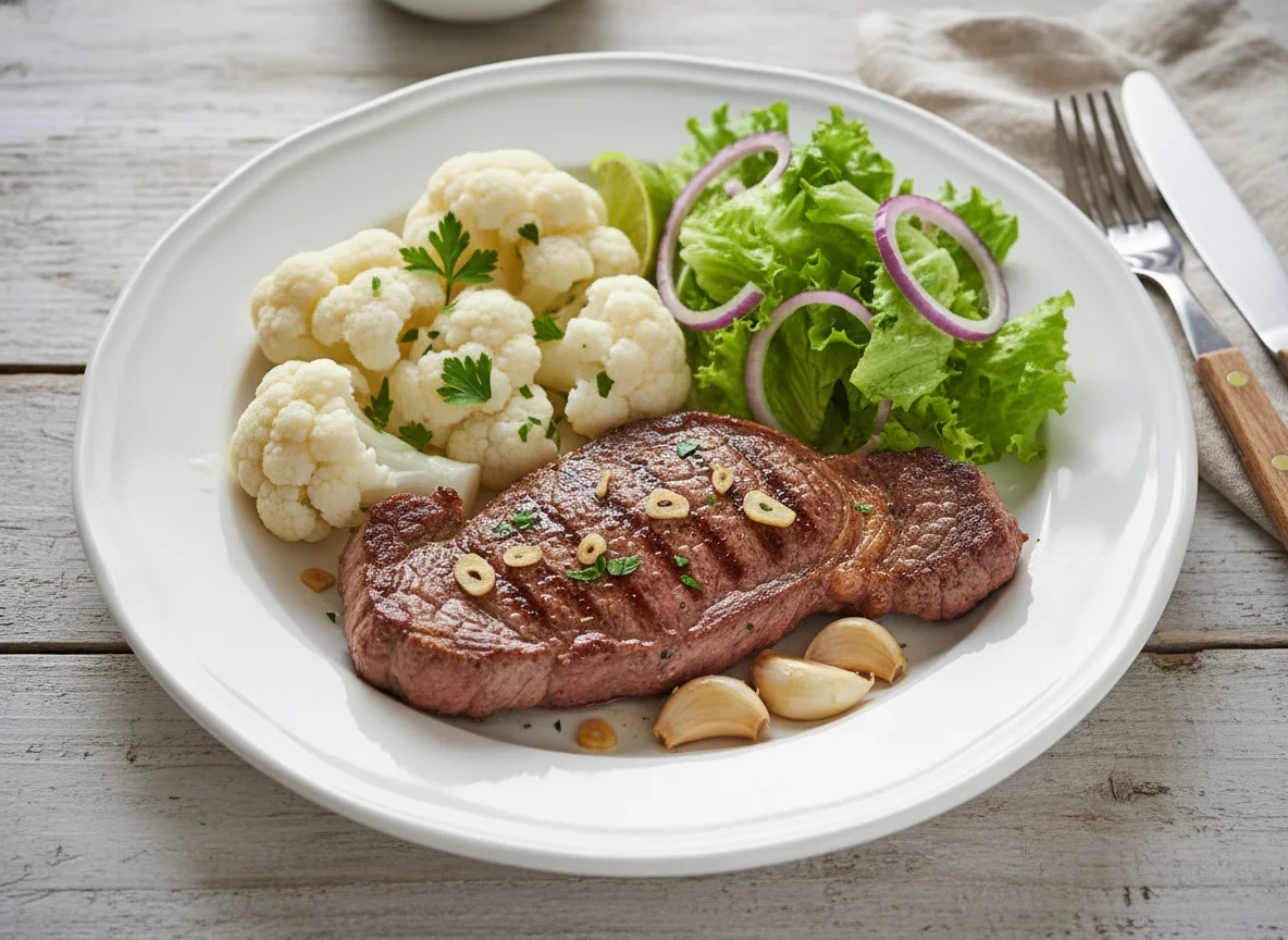 Bistec con ensalada y coliflor photo
