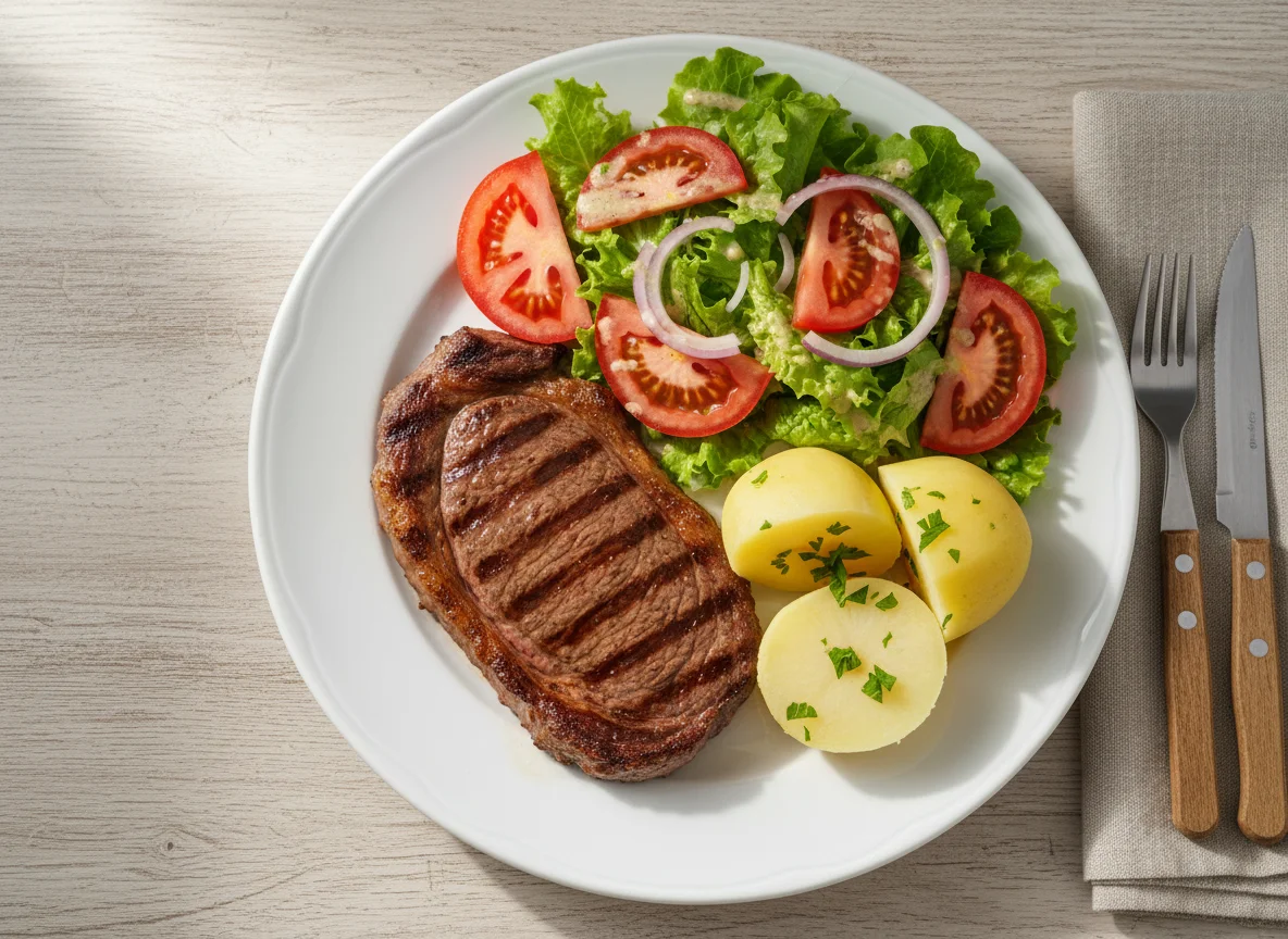 Bistec con ensalada y papa photo