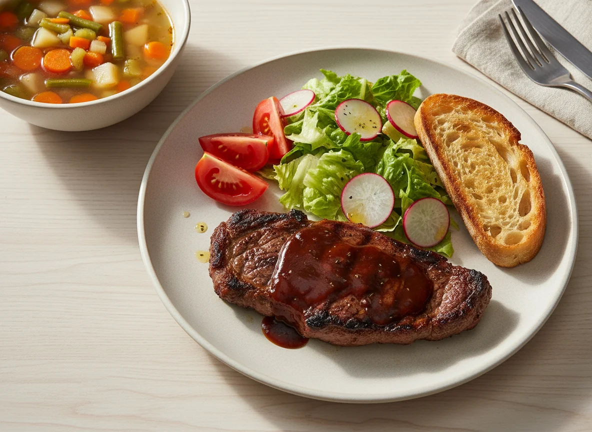 Bistec con ensalada y tostada photo