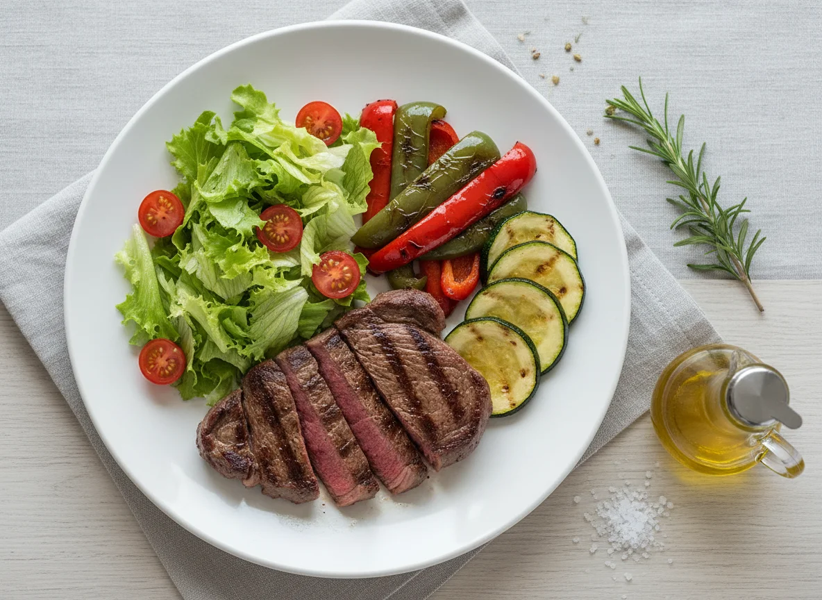 Bistec con ensalada y vegetales asados photo