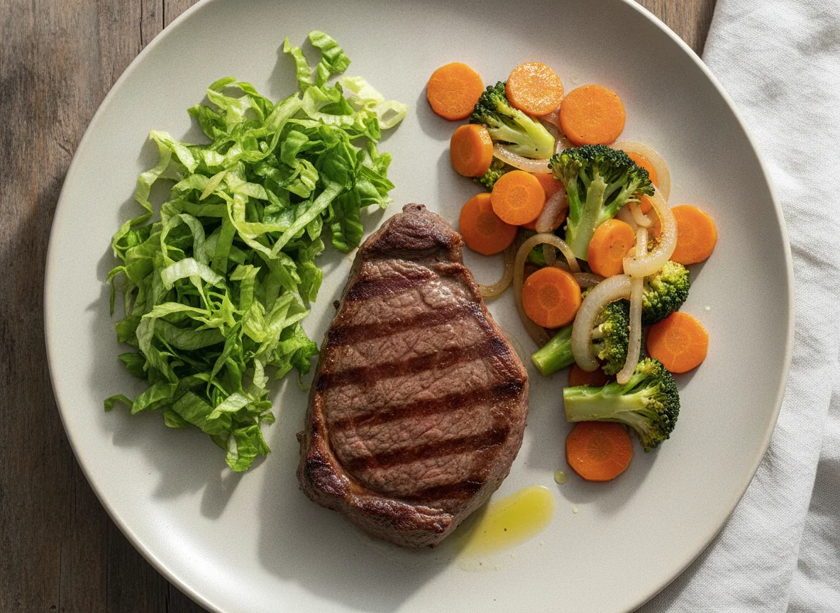 Bistec con ensalada y verduras salteadas photo