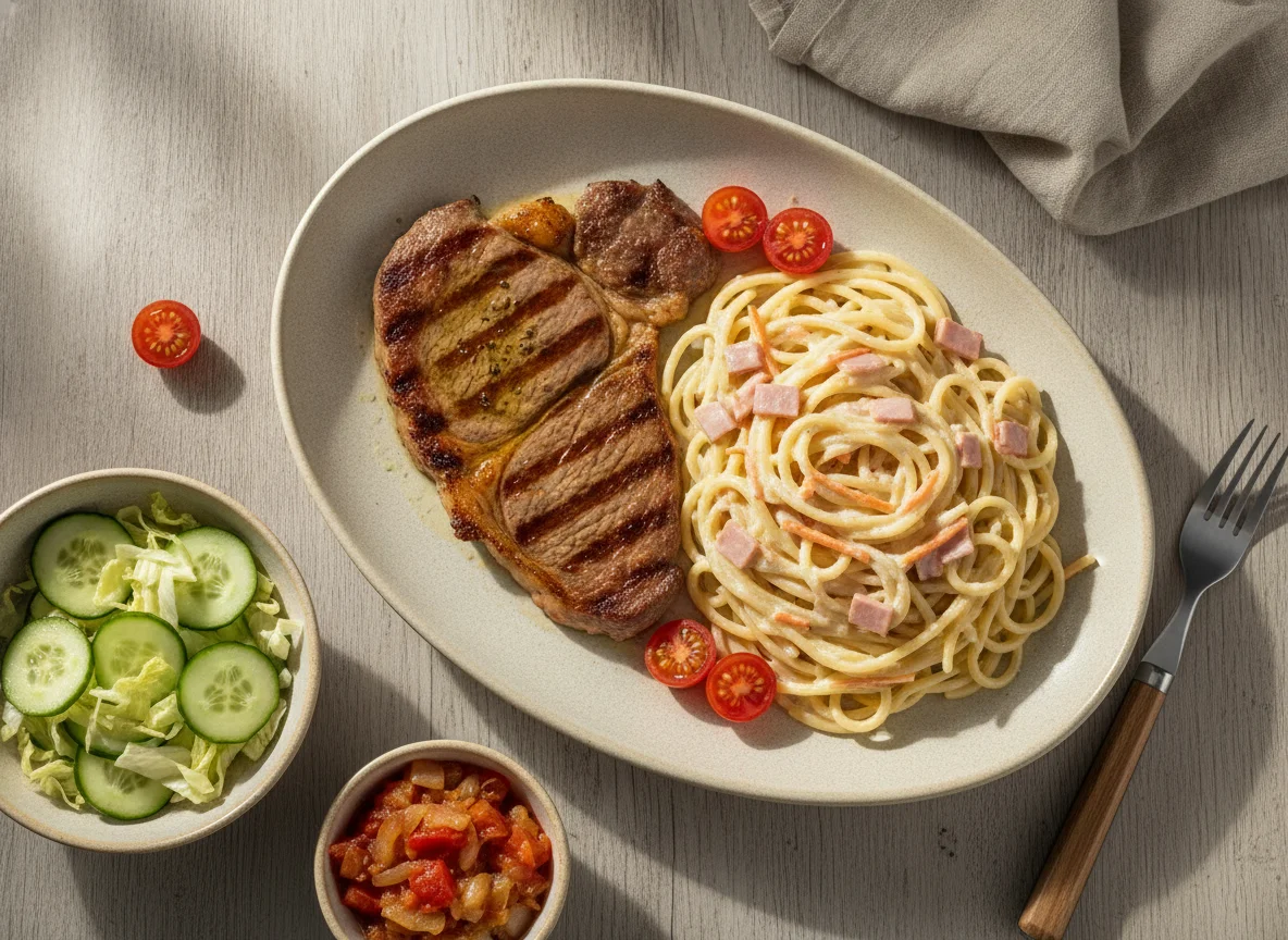 Bistec con espagueti a la crema, ensalada y guarnición de tomate photo