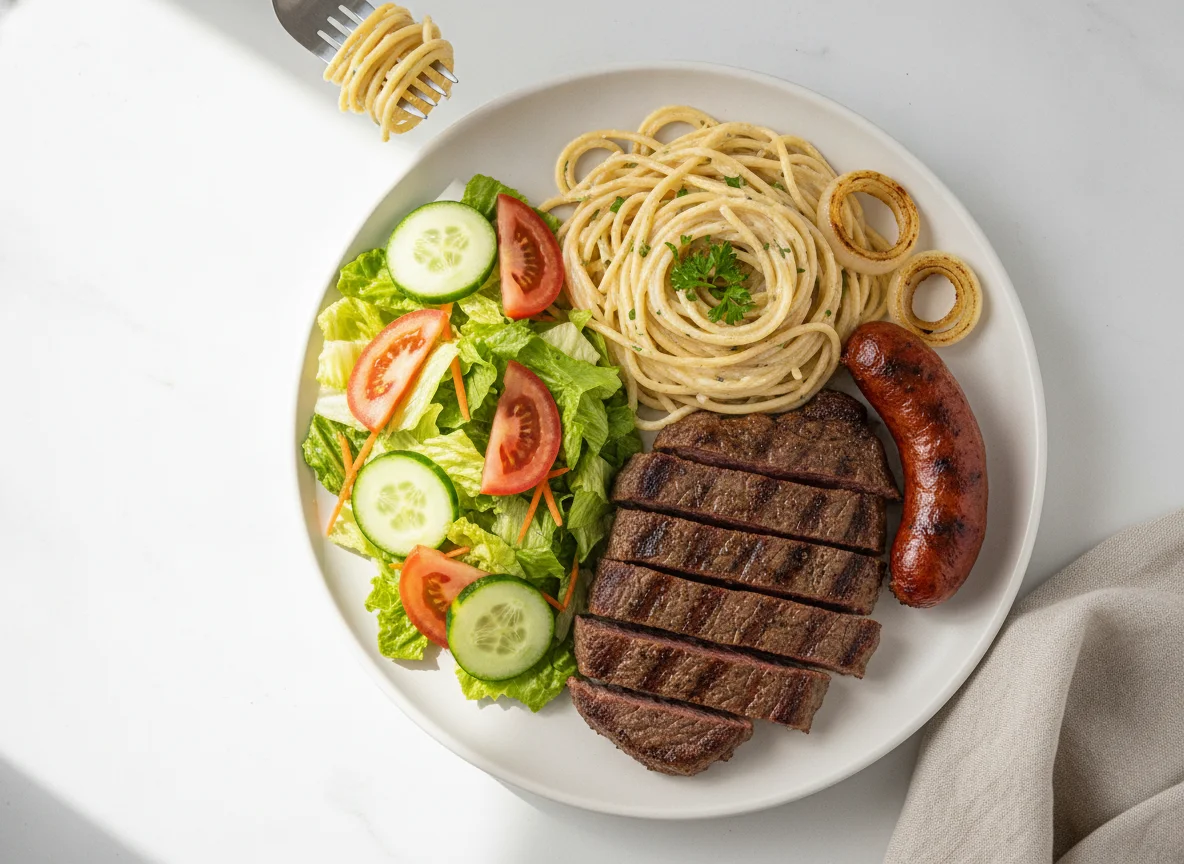 Bistec con espagueti, ensalada y chorizo photo