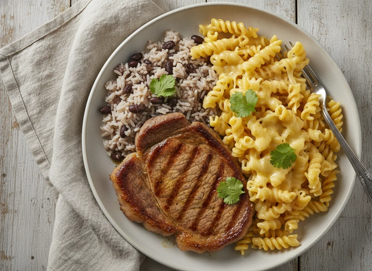 Bistec con fideos y arroz photo