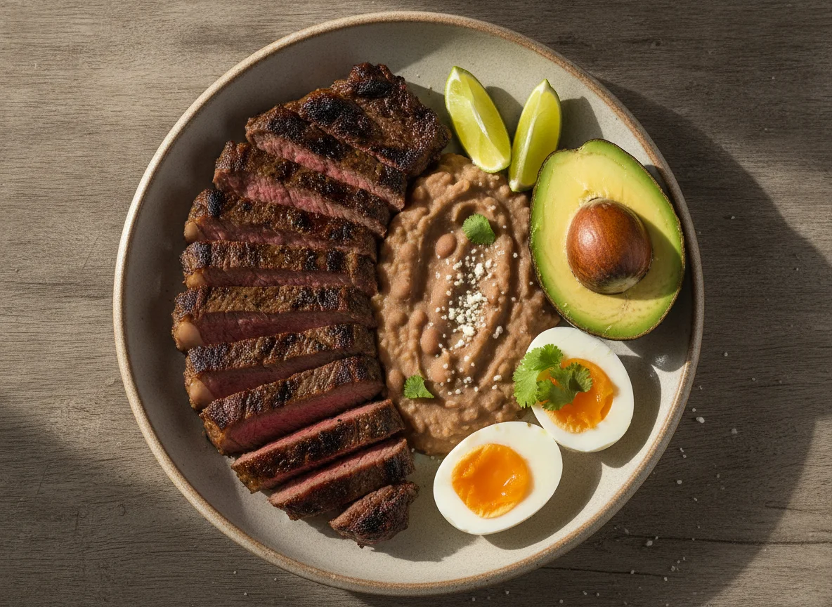 Bistec con frijoles, huevo y aguacate photo