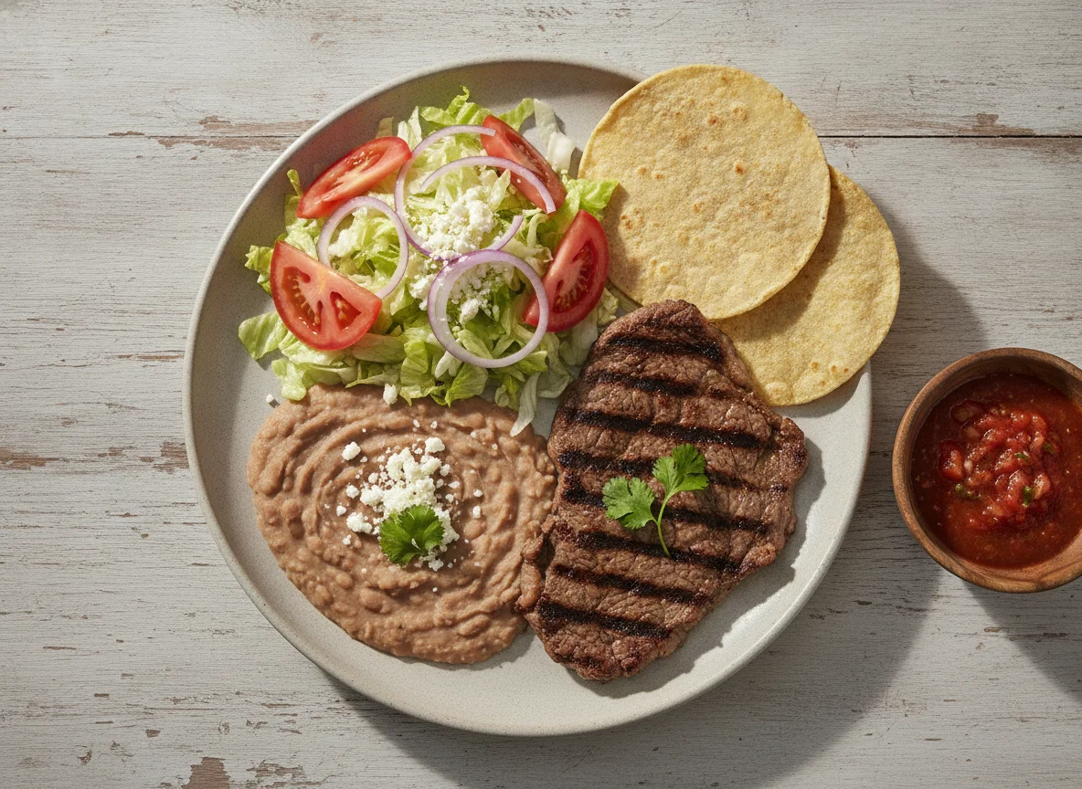 Bistec con frijoles y ensalada photo