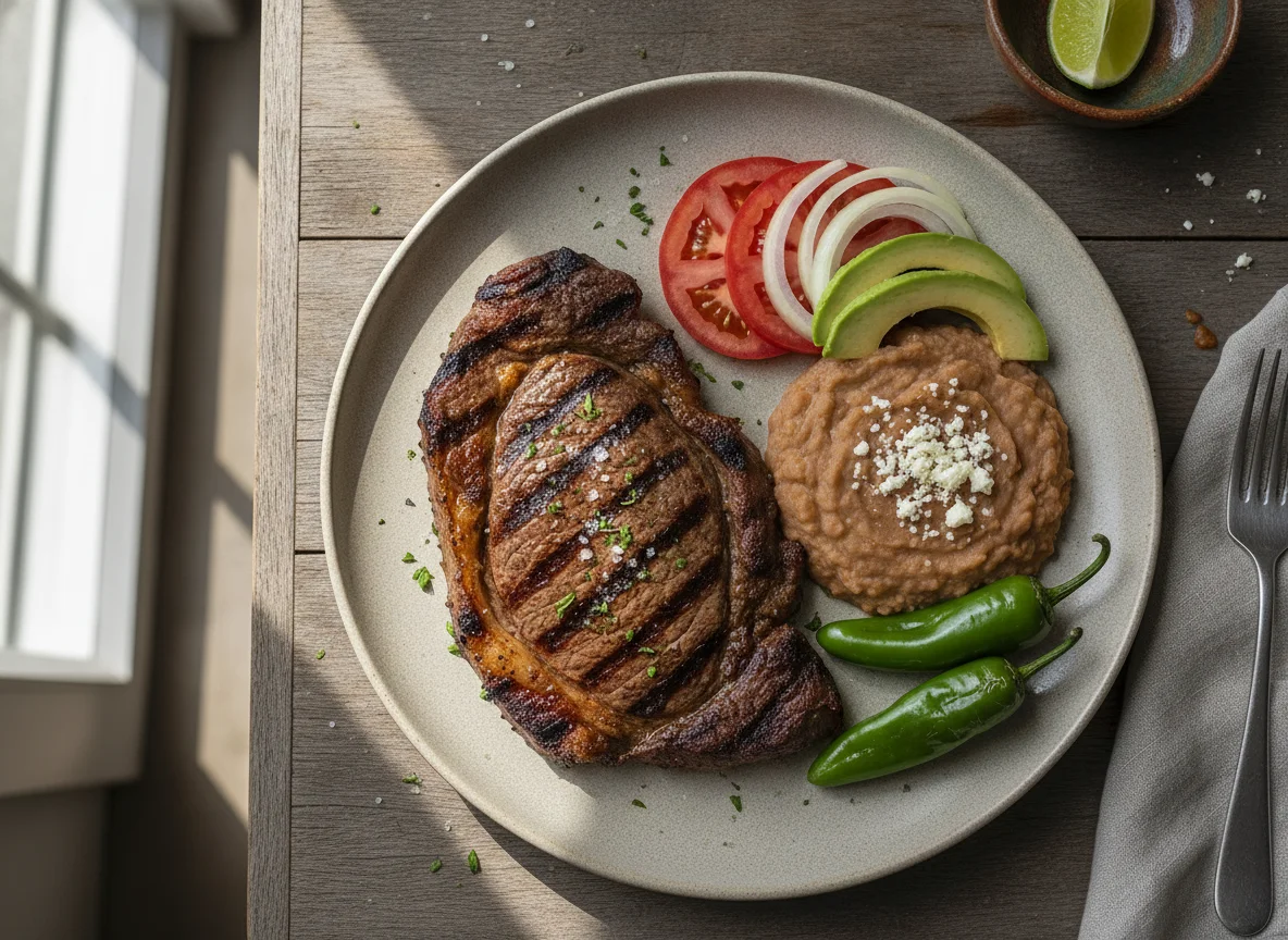 Bistec con frijoles y guarnición photo