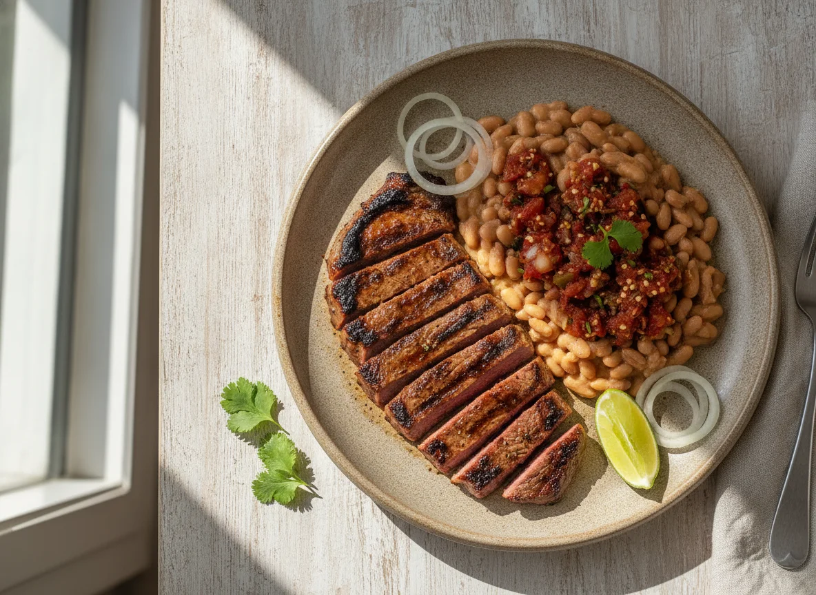 Bistec con frijoles y salsa roja photo