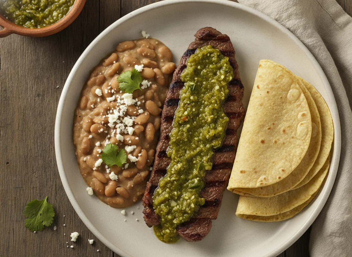 Bistec con frijoles y salsa verde photo