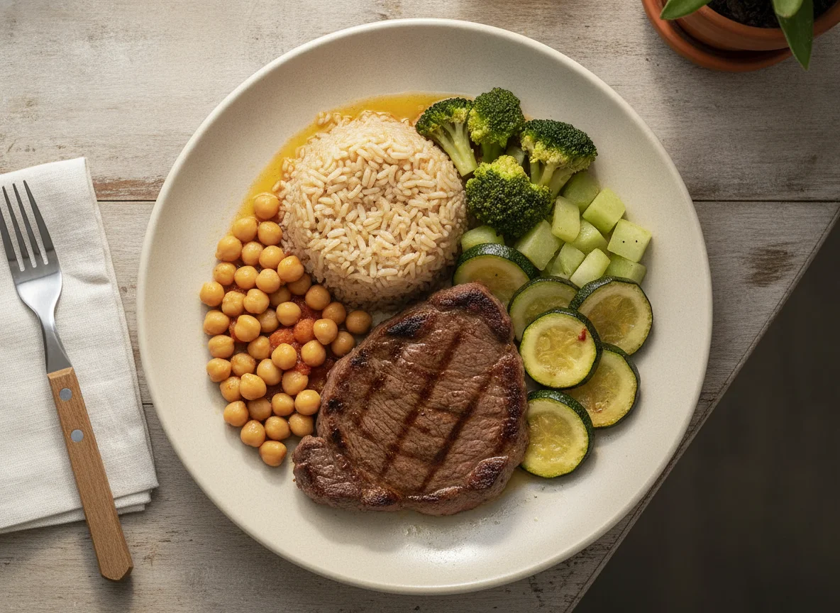 Bistec con garbanzos, arroz integral y vegetales salteados photo