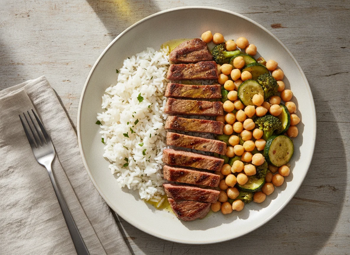 Bistec con garbanzos, arroz y vegetales photo