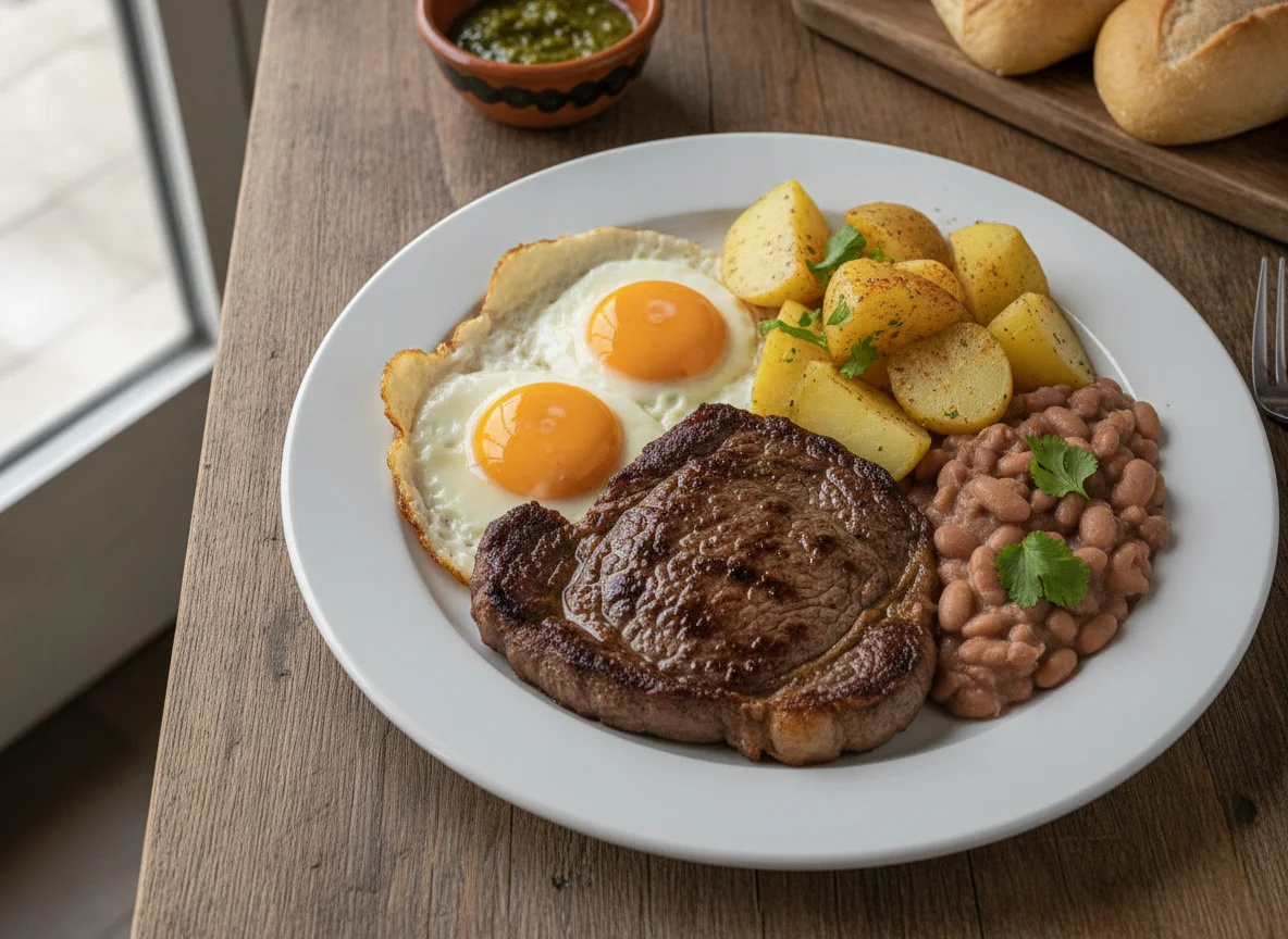 Bistec con huevo, papas y frijoles photo
