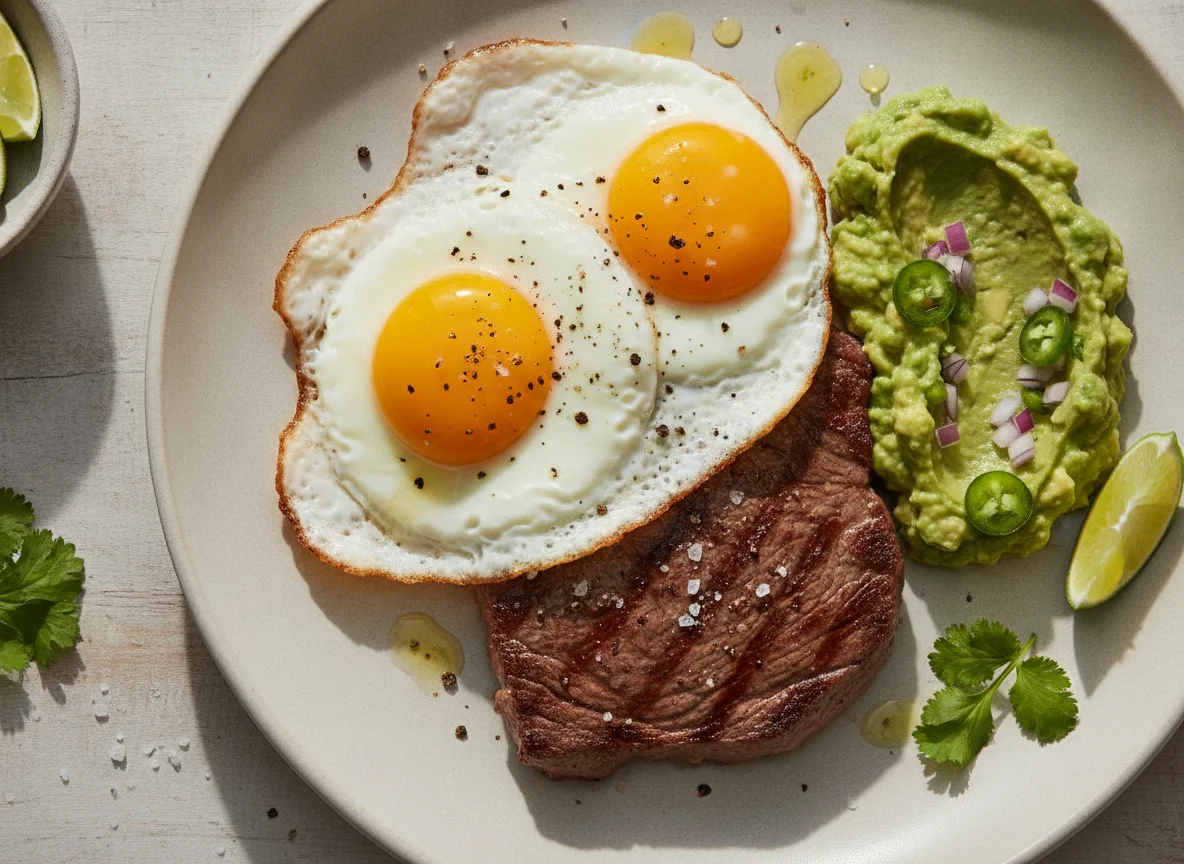 Bistec con huevo y guacamole photo