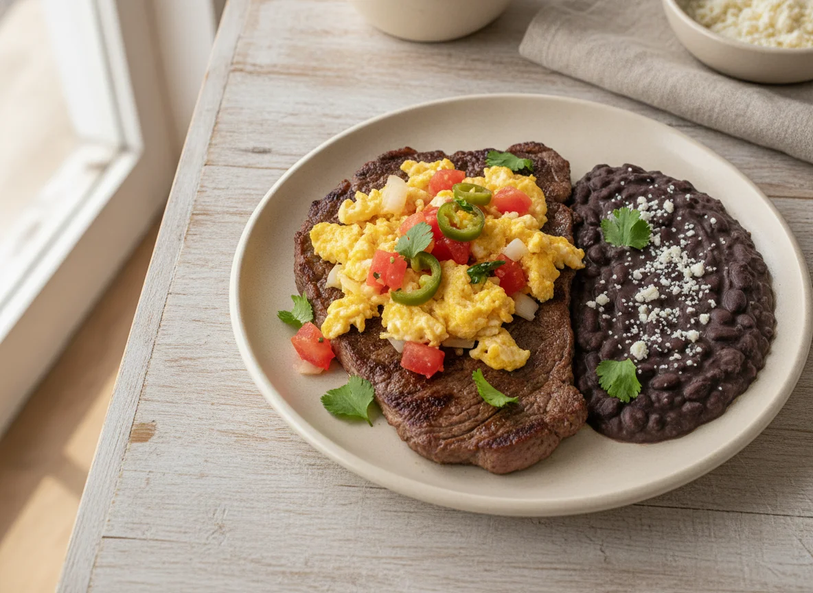 Bistec con huevos a la mexicana y frijoles refritos photo