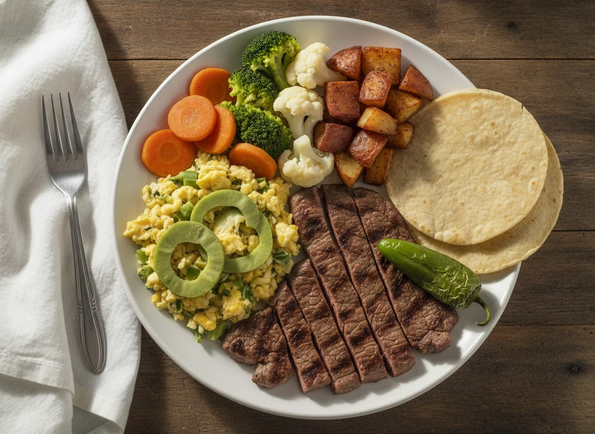 Bistec con huevos, nopales y verduras photo