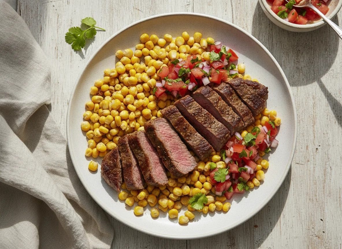 Bistec con maíz y pebre photo