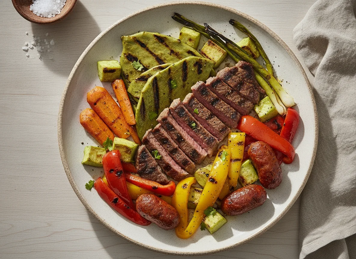 Bistec con nopales, chayote y verduras asadas photo