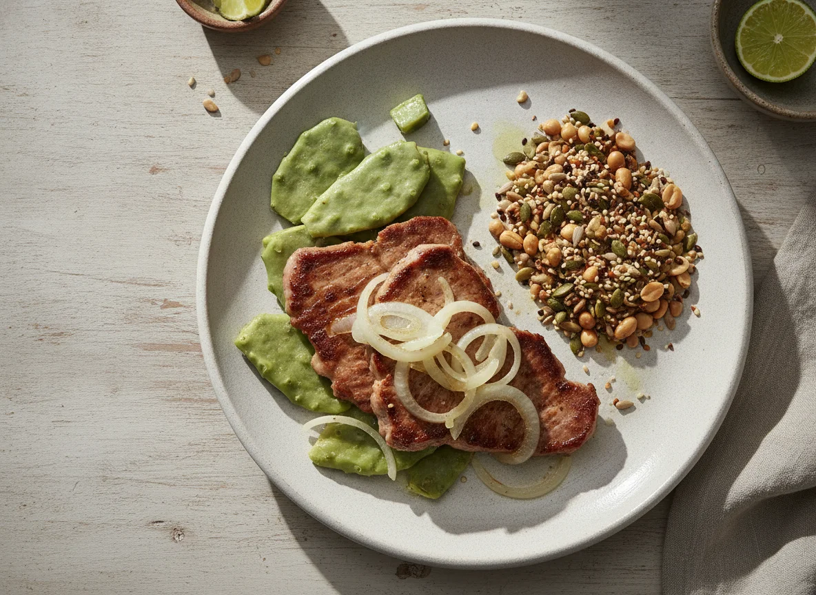 Bistec con nopales y botana de cacahuates photo