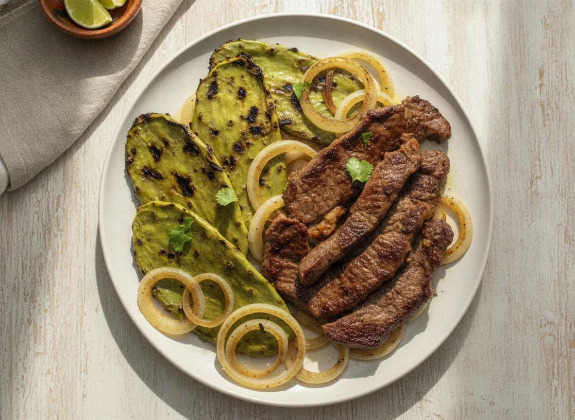 Bistec con nopales y cebolla photo